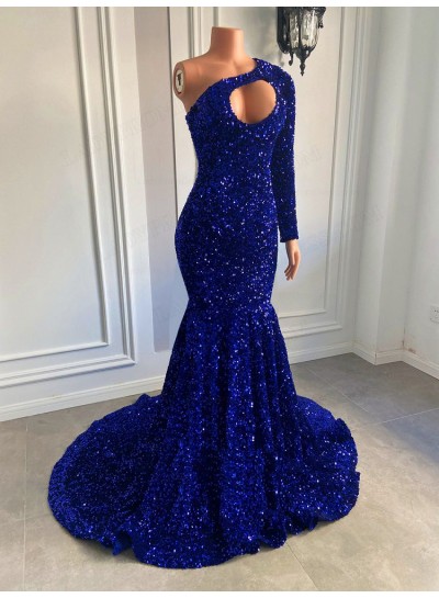 2023 Sheath Sequins One Shoulder Long Sleeve Sweep Train Prom Dresses