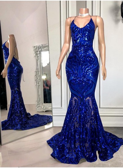 2023 Sheath Sequins Spaghetti Straps Sleeveless Sweep Train Prom Dresses