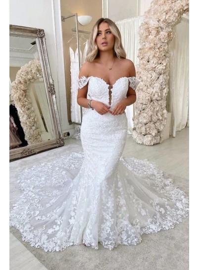 2023 Trumpet/Mermaid Off-the-Shoulder Lace Sweep/Brush Train Prom Dresses