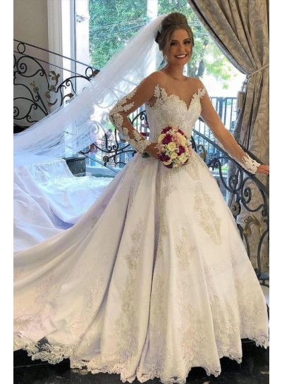 2023 Ball Gown Lace Sheer Neck Long Sleeves Sweep/Brush Train Wedding Dresses