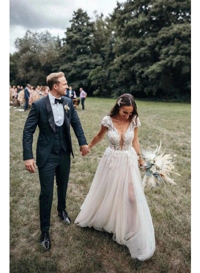 2023 A-Line Princess Tulle Applique V-neck Cap Sleeves Sweep/Brush Train Wedding Dresses