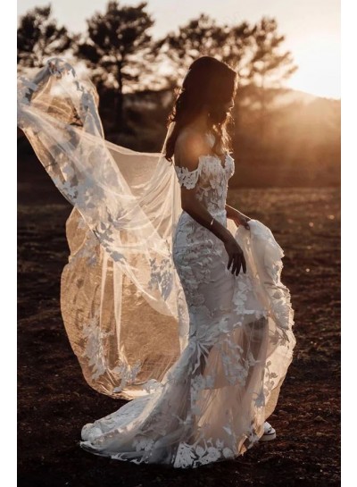 2023 Column/Sheath Lace Off-the-Shoulder Sleeveless Sweep/Brush Train Wedding Dresses
