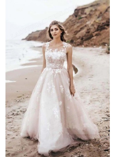 2023 Ball Gown Tulle Applique Square Neck Sweep/Brush Tran Beach Wedding Dresses