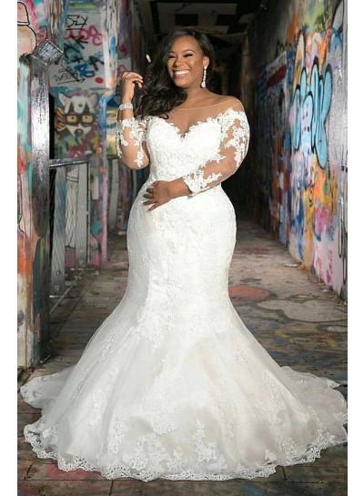 2023 Mermaid/Trumpet Lace Sheer Neck Sweep/Brush Train Wedding Dresses