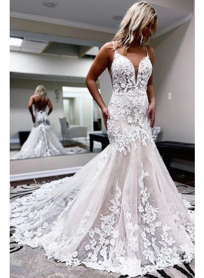 2023 Mermaid/Trumpet Lace V-neck Sleeveless Sweep/Brush Train Wedding Dresses