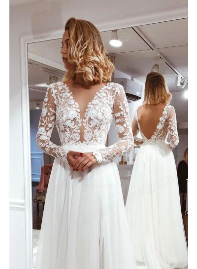 2023 Newly A-Line Satin Lace V-neck Sweep/Brush Train Wedding Dresses