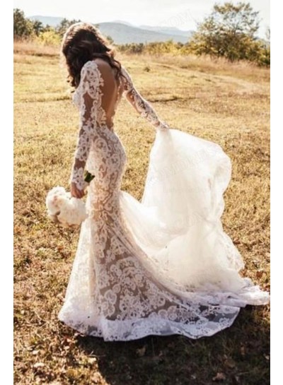 2023 Mermaid Lace Long Sleeves Backless Sweep Train Wedding Dresses