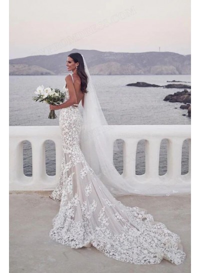 2023 Mermaid Lace V-neck Sleeveless Backless Sweep Train Wedding Dresses