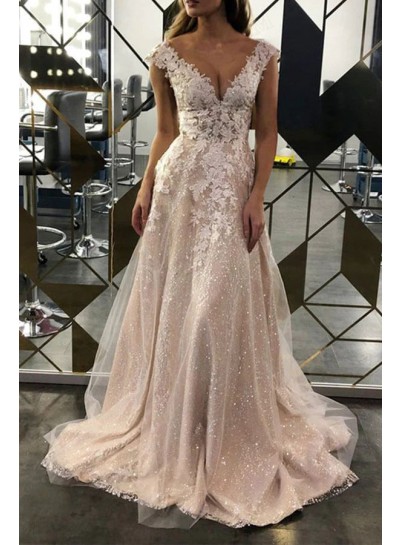 A-Line Princess Pearl Pink Sequins Applique V-neck Sweep Train Wedding Dresses