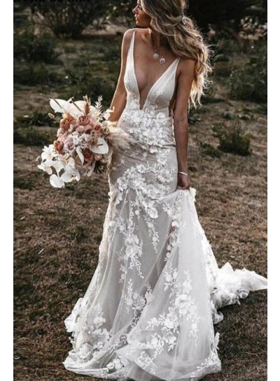 2023 Mermaid Applique Tulle V-neck Backless Sweep Train Wedding Dresses