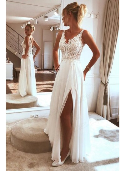 2023 Chiffon A-Line Princess Lace V-neck Sweep Train Wedding Dresses