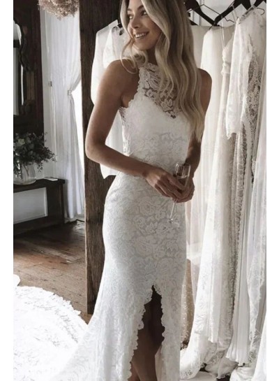 2023 Sheath Lace High Neck Backless Split Front Sweep Train Wedding Dresses