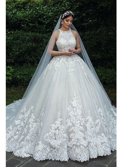 2023 Ball Gown High Neck Lace Sleeveless Sweep Train Wedding Dresses