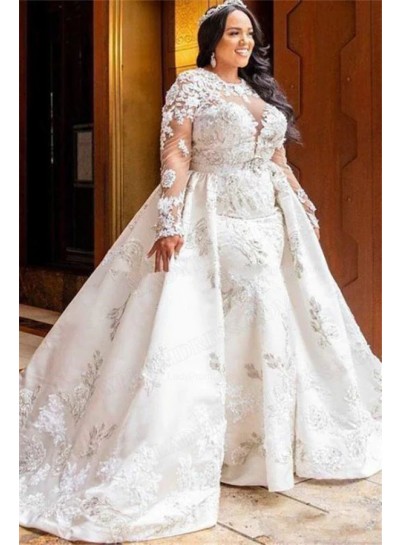 2023 Mermaid Satin Embroidery Crew Neck Long Sleeves Sweep Train Wedding Dresses