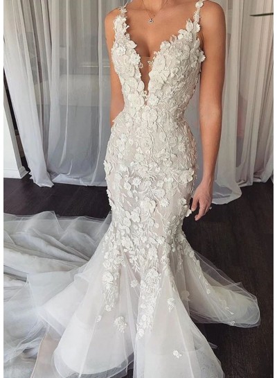 2023 Mermaid Organza Applique V-neck Sleeveless Sweep Train Wedding Dresses