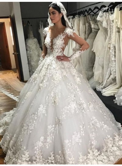 2023 Ball Gown Lace Sheer Neck Long Sleeves Sweep Train Wedding Dresses