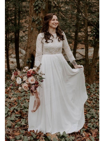 2023 A-Line Princess satin Bateau Neck Long Sleeves Floor-Length Wedding Dresses