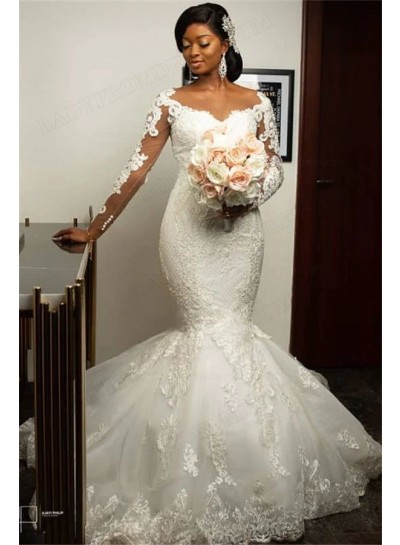 2023 Mermaid Lace Scoop Neck Long Sleeves Sweep Train Wedding Dresses