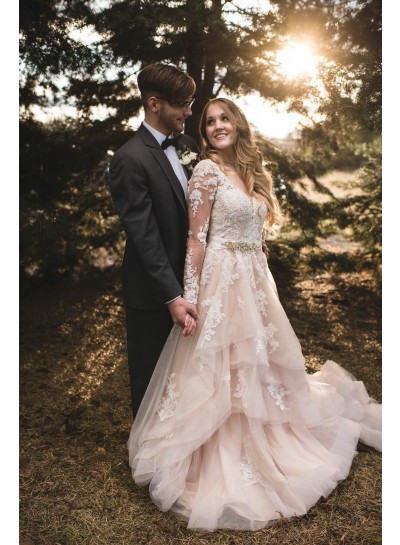 2023 Tulle A-Line Applique V-neck Long Sleeves Sweep Train Wedding Dresses