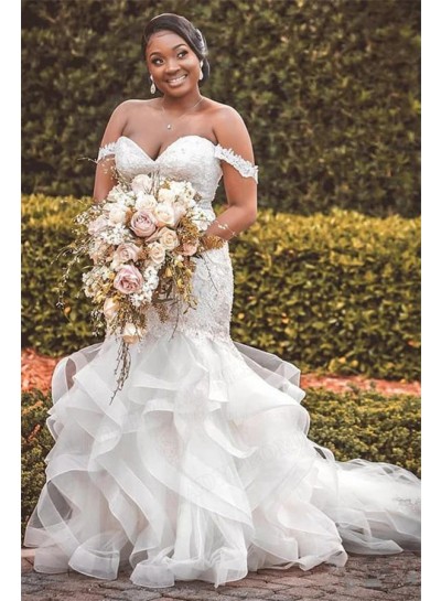 2023 Mermaid Tulle Off-the-Shoulder Lace Sweep Train Wedding Dresses