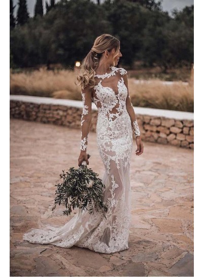 2023 Sheath Lace High Neck Long Sleeves Sweep Train Wedding Dresses