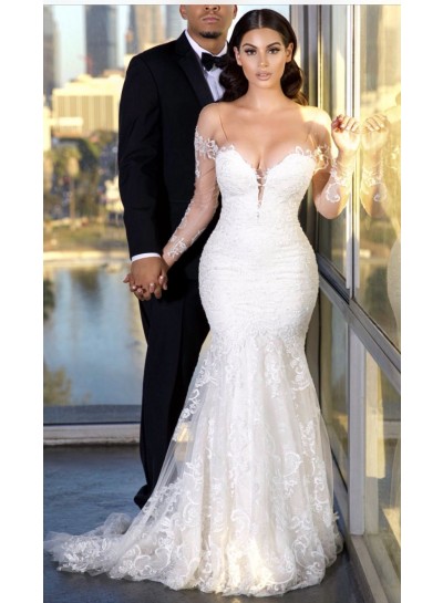 2023 Mermaid Lace V-neck Long Sleeves Sweep Train Wedding Dresses