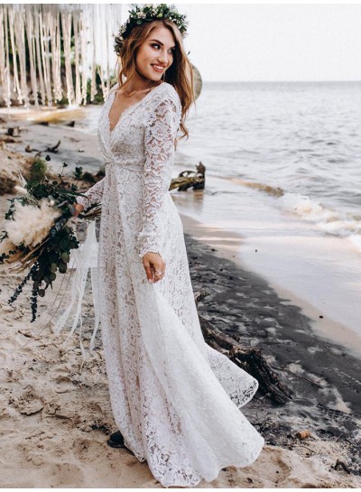 2023 A-Line Princess Lace V-neck Long Sleeves Sweep Train Wedding Dresses