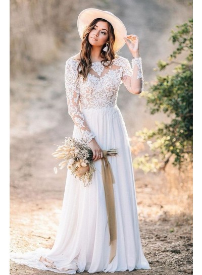 2023 A-Line Chiffon Lace Sheer Neck Long Sleeves Sweep Train Wedding Dresses