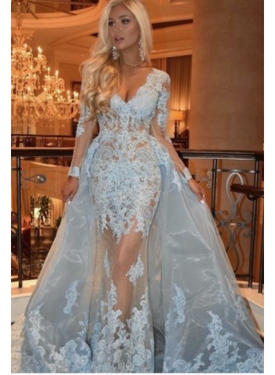 2023 Long Sleeve Sheath/Column Light Blue V-neck Lace Prom Dresses
