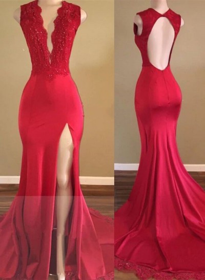 2023 Sheath/Column Satin V-neck Sleeveless Sweep/Brush Train Prom Dresses