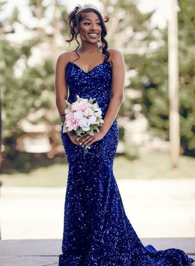 2023 Sheath Sequins Sweetheart Sleeveless Sweep Train Prom Dresses