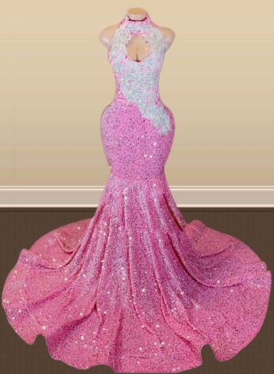 Pink Halter Sequins Long Mermaid Prom Dresses 2024