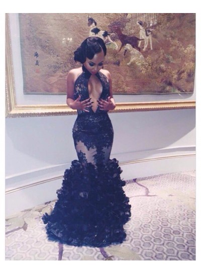 2023 Gorgeous Black Prom Dresses Mermaid Layers Deep V Sexy Long Appliques