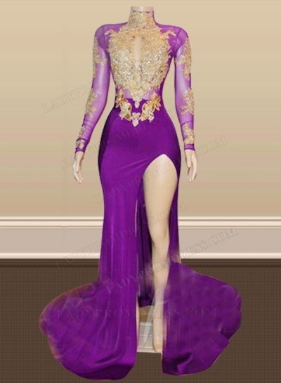 2023 Long Sleeve High Neck Beaded Split Prom Dresses