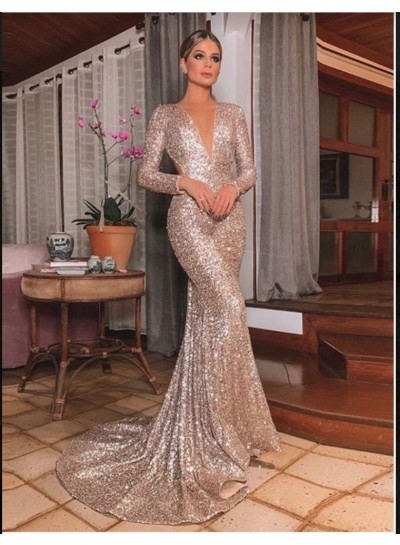 2023 Rose Gold Mermaid V Neck Long Sleeves Backless Sequins Prom Dresses
