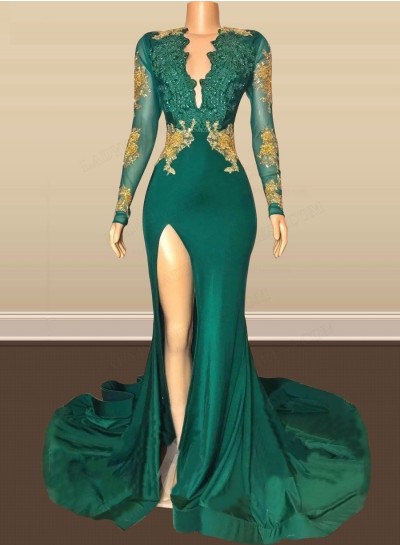 2023 Long Sleeves Emerald Side Slit Open Front Backless Long Prom Dresses