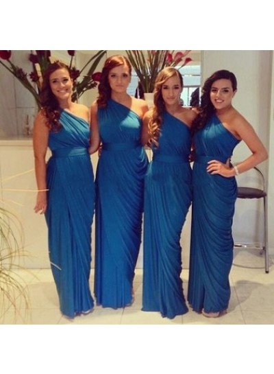 Royal Blue Column Ruffle One Shoulder Chiffon Long Bridesmaid Dresses / Gowns