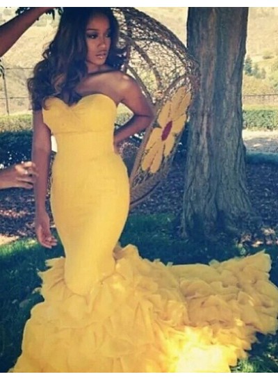 2023 Sexy Mermaid/Trumpet Daffodil Satin Prom Dresses