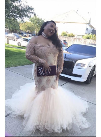 2023 Sexy Long Sleeves Off The Shoulder Ivory Tulle Prom Dresses