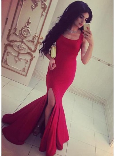 2023 Sexy Mermaid/Trumpet Square Satin Side Slit Prom Dresses
