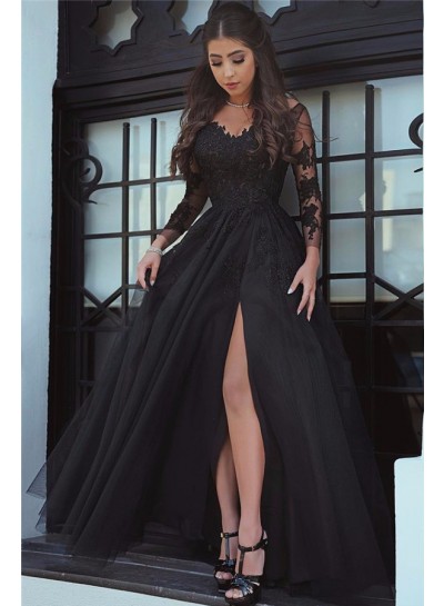 2023 Princess/A-Line Black Long Sleeves Tulle Prom Dresses