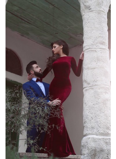 Burgundy Mermaid/Trumpet Long Sleeves Velvet Prom Dresses