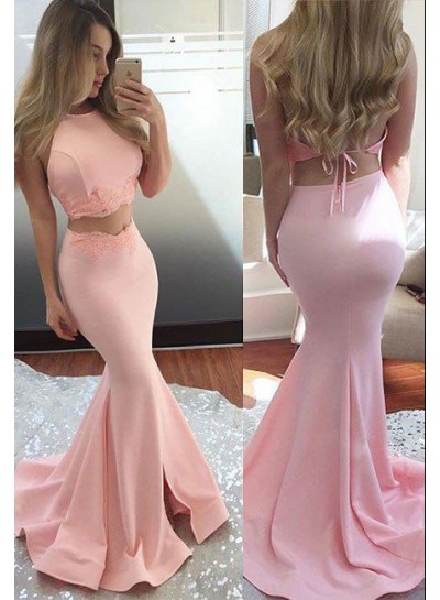 2023 Charming Mermaid/Trumpet Two Pieces Satin Pink Prom Dresses