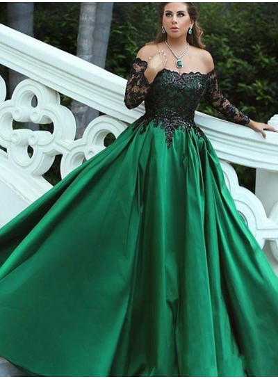 Off The Shoulder Satin Hunter Long Sleeves Prom Dresses