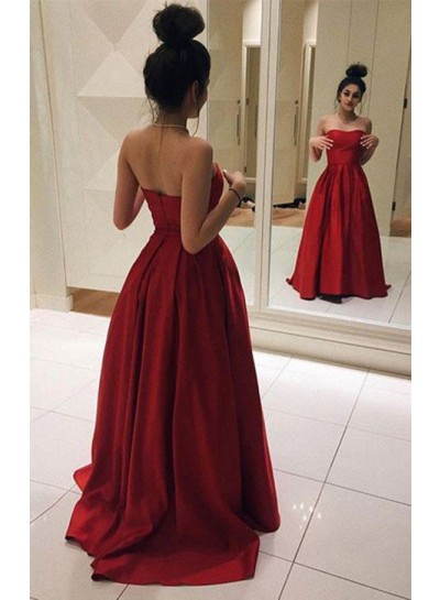 2023 Princess/A-Line Satin Strapless Red Prom Dresses