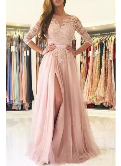 2023 Charming Princess/A-Line Side Slit Long Sleeves Pink Prom Dresses