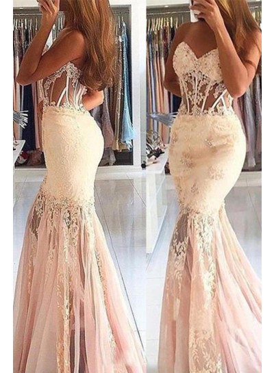 Pale Pink Tulle Sweetheart Mermaid Prom Dresses With Appliques
