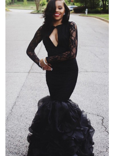 Mermaid Black Long Sleeves Organza Backless Prom Dresses