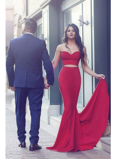 2023 Sexy Mermaid Red Two Pieces Prom Dresses
