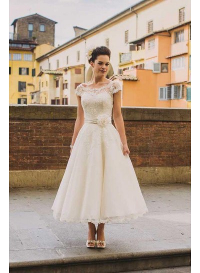 2024 A Line Lace Capped Sleeves Tea Length Wedding Dresses